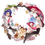  1boy 1girl absurdres amoonguss arbok black_boots black_gloves blue_eyes blue_hair boots cacnea carnivine chansey chimecho circle_formation commentary_request crop_top cropped_shirt dustox earrings fangs fiy1827565 flower flower_in_mouth frillish frillish_(female) gloves gourgeist grabbing_another's_leg green_eyes growlithe hand_grab highres inkay james_(pokemon) jessie_(pokemon) jewelry koffing letter_print lickitung long_hair looking_at_another magikarp mareanie meowth midriff mime_jr. mimikyu miniskirt morpeko morpeko_(full) navel open_mouth pencil_skirt pokemon pokemon_(creature) print_shirt red_flower red_hair red_rose rose seviper shirt short_hair signature simple_background skirt smile sparkle stomach team_rocket team_rocket_uniform thigh_boots very_long_hair victreebel white_background white_shirt white_skirt wobbuffet woobat yamask yanmega 