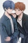  2boys aoyagi_touya closed_mouth commentary earrings green_eyes grey_eyes hand_on_another's_shoulder highres jewelry long_sleeves looking_at_viewer male_focus mole mole_under_eye multicolored_hair multiple_boys necklace official_alternate_costume official_alternate_hairstyle orange_hair project_sekai shinonome_akito shoes short_hair single_earring symbol-only_commentary white_background white_shoes yangaengso zozotown 