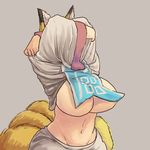  animal_ears areola_slip areolae blonde_hair breasts chanta_(ayatakaoisii) cowboy_shot fox_ears fox_tail grey_background hips huge_breasts long_skirt long_sleeves multiple_tails navel no_hat no_headwear shirt shirt_lift simple_background skirt solo stomach tabard tail touhou undressing white_shirt white_skirt wide_sleeves yakumo_ran 