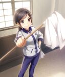  1girl black_eyes black_hair blue_pants closed_mouth contrapposto day dot_nose game_cg hair_ornament hair_scrunchie hand_in_pocket holding holding_mop holding_rag indoors jacket looking_at_viewer low_ponytail medium_hair mop official_art outstretched_arm pants ponytail purple_pupils ring_hair_ornament scrunchie short_ponytail sidelocks smile solo tamaki_marie third-party_source toji_no_miko toji_no_miko:_kizamishi_issen_no_tomoshibi track_jacket track_pants white_jacket white_scrunchie window zipper 