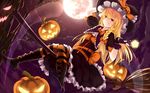  adapted_costume bakanoe belt black_dress black_gloves blonde_hair boots bow braid broom broom_riding cross-laced_footwear dress fingerless_gloves full_moon gloves grin halloween hand_on_headwear hat hat_bow highres jack-o'-lantern kirisame_marisa long_hair looking_at_viewer moon multiple_belts night pantyhose sash single_braid sky smile solo star_(sky) starry_sky striped striped_legwear touhou witch_hat yellow_eyes 