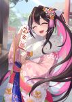  1girl ^_^ asymmetrical_sidelocks azki_(hololive) azki_(new_year)_(hololive) black_hair closed_eyes colored_inner_hair commentary_request day double-parted_bangs english_commentary floral_print floral_print_kimono flower fur_scarf furisode_sleeves hair_flower hair_intakes hair_ornament hair_ribbon highres holding holding_omikuji hololive japanese_clothes kimono long_hair looking_at_viewer mixed-language_commentary mole mole_under_eye multicolored_hair official_alternate_costume omikuji open_mouth outdoors petcha_the_o pink_hair pink_kimono pink_streaks ponytail print_kimono ribbon scarf sidelocks smile solo tassel tassel_hair_ornament teeth upper_teeth_only very_long_hair virtual_youtuber white_ribbon white_scarf white_streaks wide_sleeves 
