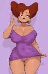 anthro biped breasts brown_hair clothed clothing disney dress ear_piercing ear_ring female front_view gesture glistening glistening_body goof_troop hair hand_gesture hi_res mammal mature_female panties peg_pete piercing pink_clothing purple_clothing ring_piercing simple_background solo thick_thighs underwear usnarbit v_sign