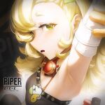  1girl absurdres armpit_focus armpits artist_name black_shirt blonde_hair blush breasts character_name cisl cleavage commentary copyright_name crop_top detached_sleeves earrings english_commentary english_text from_side gloves goggles goggles_around_neck green_eyes highres jewelry looking_at_viewer open_mouth piper_wheel shirt short_eyebrows small_breasts solo spiked_shirt sweat thick_eyebrows upper_body white_sleeves yellow_gloves zenless_zone_zero 