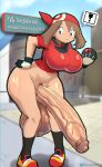  ! 1girl ass bandana bottomless breasts brown_hair english_text erection futanari highres holding holding_poke_ball huge_penis jacket large_breasts looking_at_viewer may_(pokemon) non-web_source outdoors pale_skin penis poke_ball poke_ball_(basic) pokemon pokemon_rse public_indecency public_nudity red_bandana red_jacket solo speech_bubble spoken_exclamation_mark starykrow thick_thighs thighs wide_hips 