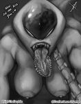 absurd_res alien alien_humanoid athletic bodily_fluids breasts chain chain_leash commander_eight crawling cybernetics cyborg digital_media_(artwork) dominant eighttheexophile english_text fangs female female_(lore) grin grinning_at_viewer hi_res humanoid leash looking_at_viewer machine monochrome monster muscular muscular_female not_furry nude open_mouth saliva saliva_on_tongue science_fiction simple_background smile smiling_at_viewer solo tail teasing teeth text tongue tongue_out transentience white_body