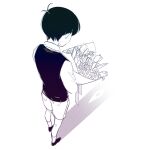  1boy absurdres antenna_hair bouquet collared_shirt flower from_behind greyscale highres holding holding_bouquet male_focus monochrome omori sav10r8 shirt shoes short_hair short_sleeves shorts simple_background sketch socks solo sunny_(omori) sweater_vest tulip 