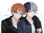  00esu 2boys ? aoyagi_touya arm_on_another's_shoulder black_jacket blonde_streaks blue_hair blue_jacket chain closed_mouth green_eyes grey_eyes highres jacket jewelry looking_at_viewer mole mole_under_eye multicolored_hair multiple_boys necklace official_alternate_costume official_alternate_hairstyle orange_hair project_sekai shinonome_akito shirt split-color_hair streaked_hair teeth watermark white_background white_shirt yaoi zozotown 