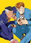  artist_request black_hair brown_hair bucket cat crossover facial_mark from_above gakuran grey_hair grin ice_cream_cone jojo_no_kimyou_na_bouken jpeg_artifacts kuwabara_kazuma licking look-alike male_focus multicolored_hair multiple_boys nijimura_okuyasu pompadour school_uniform seiza sitting smile tongue tongue_out two-tone_hair yuu_yuu_hakusho 