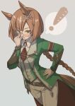 ! 1girl adjusting_clothes animal_ears belt black_belt blush braid braided_ponytail brown_hair brown_pants brown_vest carrot coat collared_shirt commentary cowboy_shot dutch_angle glasses green_coat green_eyes grey_background hair_ornament hand_on_own_hip highres horse_ears horse_girl horse_tail ikuno_dictus_(mantle_of_steel)_(umamusume) ikuno_dictus_(umamusume) long_hair looking_at_viewer necktie open_mouth pants red_necktie rimless_eyewear round_eyewear satomura_kyou shirt simple_background single_braid small_sweatdrop solo speech_bubble spoken_exclamation_mark standing tail tailcoat umamusume very_long_hair vest white_shirt 