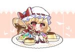  1girl bat_(animal) blonde_hair bloomers blue_eyes chibi chibi_only closed_mouth commentary crystal crystal_wings fang flandre_scarlet food hat highres holding holding_spoon long_hair looking_at_viewer mini_person minigirl mob_cap multicolored_wings no_noru pudding red_eyes red_shoes shoes skin_fang smile solo spoon touhou white_bloomers white_hat wings wrist_cuffs 