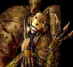 2025 anthro apron blood blood_on_apron blood_on_clothing blood_on_face blood_on_fur blood_on_hand blue_necktie bodily_fluids brown_body brown_fur claws clenched_teeth clothing darkness empty_eyes evil_grin fur grin gyroskull half-length_portrait hunched_over lagomorph leporid light lighting line_art long_ears looking_at_viewer lorenzo_waterman_(the_walten_files) male mammal mask necktie portrait pumpkin_rabbit rabbit robot_arms shaded shaded_line_art simple_background smile solo stitch_(sewing) teeth the_walten_files unsigned yellow_mask