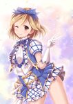  ;) alternate_costume blonde_hair bow brown_eyes djeeta_(granblue_fantasy) elbow_gloves gloves granblue_fantasy hair_bow kimi_to_boku_no_mirai non_(nobu) one_eye_closed open_clothes open_vest puffy_short_sleeves puffy_sleeves shirt short_sleeves skirt skirt_set smile solo thighs v vest white_gloves 