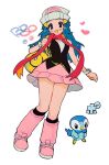  1girl bag beanie blue_eyes blue_hair blush boots bracelet commentary_request dawn_(pokemon) duffel_bag hat highres holding holding_bag jewelry pink_boots pink_skirt piplup pokemon pokemon_bdsp red_scarf scarf skirt smile soreeyu_(sore-yu) white_background white_hat yellow_bag 