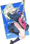  1girl 7-string_guitar :d absurdres bang_dream! black_socks blue_serafuku blue_shirt blue_skirt blue_sky brown_shoes buttons cloud colored_eyelashes commentary_request electric_guitar extended_range_guitar floating_clothes floating_hair floating_neckwear foot_out_of_frame green_eyes grey_neckerchief guitar guitar_strap highres holding holding_guitar holding_instrument holding_plectrum instrument jie-se_(kuai_mian_biao) jumping kneehighs knees_together_feet_apart light_blush loafers long_hair long_sleeves looking_at_viewer midriff_peek miniskirt music neckerchief open_mouth playing_guitar playing_instrument pleated_skirt plectrum sailor_collar schecter_guitar school_uniform serafuku shirt shoes skirt skirt_set sky smile socks solo straight_hair thighs tsukinomori_school_uniform two-tone_background upskirt wakaba_mutsumi white_background white_sailor_collar white_trim wind winter_uniform yellow_eyes 
