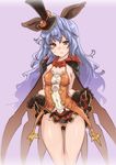  animal_ears ass_visible_through_thighs black_gloves blue_hair bunny_ears cape erune ferry_(granblue_fantasy) gloves gradient gradient_background granblue_fantasy groin halloween hat long_hair looking_at_viewer no_panties purple_background skirt skirt_lift solo thomasz yellow_eyes 