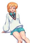  1girl amate_yuzuriha amate_yuzuriha_(cosplay) aqua_shirt aqua_skirt collared_shirt commentary cosplay elpeo_puru full_body gundam gundam_gquuuuuux gundam_zz highres looking_at_viewer necktie one_eye_closed open_mouth orange_hair purple_eyes quanero school_uniform shirt short_hair sitting skirt smile solo striped_clothes striped_necktie sweater teeth upper_teeth_only 