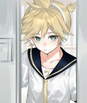  1boy aqua_eyes bass_clef black_sailor_collar blonde_hair collarbone commentary headphones kagamine_len looking_at_viewer male_focus musical_note musical_note_print myeong_8 necktie sailor_collar sailor_shirt sanpaku shirt short_hair solo tsurime twitter_username upper_body vocaloid white_shirt yellow_necktie 