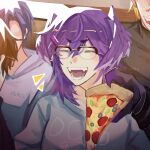  0rcazone 1girl 3boys alban_knox axel_syrios bespectacled black_shirt blonde_hair blue_hair blue_shirt brown_hair character_request check_character commentary english_commentary fangs food glasses head_wings highres holding holding_food holding_pizza holostars holostars_english multiple_boys nijisanji nijisanji_en open_mouth pizza pizza_slice purple_hair regis_altare selen_tatsuki shirt solo_focus upper_body wings 