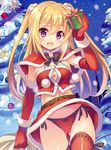  :d arm_up ass_visible_through_thighs blonde_hair bow bow_panties breasts breath capelet christmas christmas_tree cleavage dengeki_moeou elbow_gloves fur_trim gift gloves highres looking_at_viewer medium_breasts navel night night_sky open_mouth panties pantyshot pantyshot_(standing) purple_eyes red_capelet red_gloves red_legwear red_panties ribbon-trimmed_legwear ribbon_trim sack santa_costume scan side-tie_panties skirt sky smile snowing solo standing strapless takei_ooki thighhighs tubetop twintails two_side_up underwear 