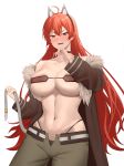  1girl abs absurdres ahoge animal_ear_hairband animal_ears bandeau bare_shoulders black_choker black_hairband black_jacket black_panties blush breasts cat_ear_hairband cat_ears cat_tail choker cleavage collarbone commentary_request cosplay cowboy_shot eris_greyrat fake_animal_ears fangs fur-trimmed_jacket fur_trim ghislaine_dedoldia ghislaine_dedoldia_(cosplay) green_pants hair_between_eyes hairband hand_up highleg highleg_panties highres holding_own_tail jacket large_breasts long_hair long_sleeves looking_at_viewer mushoku_tensei navel off_shoulder open_clothes open_jacket open_mouth open_pants panties pants red_bandeau red_eyes red_hair sidelocks simple_background solo string_panties tail underwear very_long_hair white_background yuasobi871 