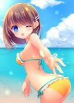  :d absurdres arched_back bangs bare_arms bare_shoulders beach bikini blue_eyes blush breasts brown_hair cloud cloudy_sky day eyebrows_visible_through_hair hair_ornament hairpin happy highres horizon leaning_forward looking_at_viewer looking_back md5_mismatch medium_breasts nametakenoko ocean one_eye_closed open_mouth original outdoors short_hair side-tie_bikini sky smile solo swimsuit underboob water water_drop 