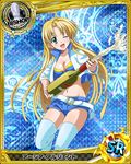  ahoge asia_argento bishop_(chess) blonde_hair blue_legwear blue_shorts bottle breasts card_(medium) character_name chess_piece cleavage green_eyes high_school_dxd holding holding_bottle long_hair medium_breasts navel official_art one_eye_closed open_mouth shorts solo thighhighs trading_card 