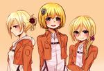  2girls annie_leonhardt armin_arlert blonde_hair blue_eyes blush brown_coat christa_renz coat flower hair_flower hair_ornament long_hair looking_at_viewer multiple_girls otoko_no_ko paradis_military_uniform shi-bamaru shingeki_no_kyojin tied_hair 