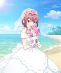  1girl bare_shoulders beach blue_sky blush bouquet bridal_veil cloud covered_mouth day dot_nose dress feet_out_of_frame flower game_cg gloves green_eyes holding holding_bouquet horizon looking_at_viewer nagasaki_sumi ocean off-shoulder_dress off_shoulder official_art outdoors palm_tree pink_flower pink_rose purple_flower purple_hair purple_rose rose see-through_clothes see-through_veil sidelocks sky solo third-party_source toji_no_miko toji_no_miko:_kizamishi_issen_no_tomoshibi tree veil wedding_dress white_dress white_gloves white_veil yellow_flower yellow_rose 