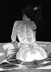  1girl ass back_tattoo bathtub completely_nude from_behind grabbing_own_hair greyscale highres holding holding_own_hair long_hair momdadno monochrome nude original solo tattoo water 