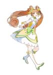 1girl :d absurdres boots bow brooch brown_eyes brown_hair collarbone commentary_request cure_rosetta curly_hair dokidoki!_precure dress flower full_body green_bow hair_bow hair_flower hair_ornament hair_rings heart heart_brooch highres jewelry knee_boots layered_dress long_hair looking_at_viewer magical_girl morgue_(southsakura) open_mouth precure puffy_sleeves short_dress simple_background smile solo twintails waist_bow white_background white_boots white_wrist_cuffs wrist_cuffs yellow_bow yellow_dress yotsuba_alice 