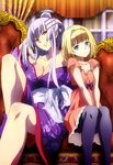  absurdres artist_request bare_shoulders black_legwear blonde_hair blue_eyes breasts cleavage dress frolaytia_capistrano hair_ornament heavy_object highres indoors japanese_clothes kimono large_breasts lavender_hair milinda_brantini multiple_girls nyantype obi off_shoulder official_art pantyhose purple_eyes sash sitting small_breasts smile yukata 