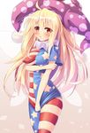  american_flag_dress american_flag_legwear arm_grab bangs big_hat blonde_hair blush breasts chestnut_mouth clownpiece commentary_request embarrassed eyes_visible_through_hair gradient gradient_background hat hips jester_cap long_hair looking_at_viewer medium_breasts navel pantyhose red_eyes shirt_pull short_sleeves skindentation solo sparkle star_cutout stripe_cutout thighs touhou very_long_hair z.o.b 