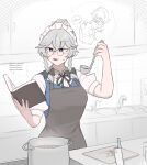  2girls alternate_hairstyle apron bespectacled black_bow black_ribbon blue_eyes book bow braid brown_apron collared_shirt commentary cooking cooking_pot cutting_board english_commentary glasses grey_hair hair_bun highres holding holding_book izayoi_sakuya kitchen knife long_hair maid maid_headdress mata_(matasoup) multiple_girls neck_ribbon open_mouth patchouli_knowledge puffy_short_sleeves puffy_sleeves reading ribbon round_eyewear shirt short_sleeves steam sweatdrop touhou twin_braids white_shirt 