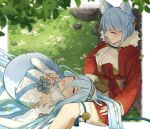  2girls alternate_hair_color animal_ears azura_(fire_emblem) blue_hair blush breasts brushing_hair closed_eyes commission commissioner_upload elbow_gloves fang fingerless_gloves fire_emblem fire_emblem_fates fox_ears fox_girl fox_tail fur-trimmed_jacket fur-trimmed_kimono fur_trim gloves hair_between_eyes hair_brush happy headdress highres holding holding_brush jacket japanese_clothes kimono kitsune leaf long_hair lying lying_on_lap mother_and_daughter multiple_girls on_back open_mouth outdoors selkie_(fire_emblem) sitting small_breasts tail thigh_strap thighs tree very_long_hair witchi 