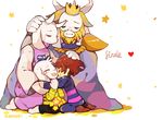  animal_ears artist_name asgore_dreemurr asriel_dreemurr beard blonde_hair brown_hair chara_(undertale) closed_eyes commentary crown crying english facial_hair fangs father_and_son flower frisk_(undertale) furry goat_ears goat_girl heart horns hug jewelry knife locket long_sleeves momoppi monster_boy monster_girl mother_and_son pendant seiza shirt short_hair sitting smile spoilers streaming_tears striped striped_shirt sweater tabard tears teeth toriel transparent transparent_background undertale wariza what_if when_you_see_it 