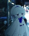  1girl blue_bow blue_bowtie bow bowtie chain-link_fence coat fence hair_ribbon hat jacket long_hair night open_clothes open_coat original outdoors photo_background ribbon sailor_hat sakakiai solo standing upper_body very_long_hair white_coat white_hat 
