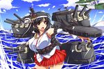  :o armpits black_hair breasts detached_sleeves headband kantai_collection kuon_(nokokopopo) large_breasts long_hair machinery nontraditional_miko ocean open_mouth pleated_skirt red_eyes seaplane skirt solo turret v-shaped_eyebrows yamashiro_(kantai_collection) 