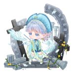  1girl absurdres apron beads blue_eyes blue_hat blue_shirt blue_shorts blue_vest boots braid cape chibi chinese_commentary collared_vest colored_eyelashes commentary_request cross cross_earrings crown_braid earrings elf expressionless feathers flower gloves gold_earrings grey_hair happy hat highres holding holding_wand jewelry knee_boots lapels light_particles long_sleeves looking_to_the_side nikki_(series) notched_lapels open_clothes open_vest pillar pointy_ears puffy_long_sleeves puffy_sleeves rose ruins shenqi_tuoxie_zai_nali shining_nikki shirt short_hair shorts simple_background single_thighhigh solo standing stole stylist_(nikki) tareme thigh_strap thighhighs thorns vest wand white_apron white_background white_boots white_cape white_gloves white_shirt white_thighhighs yellow_flower yellow_rose 