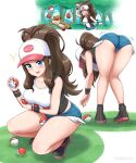  >_< 1girl :d arm_under_breasts ass baseball_cap bent_over black_shoes blue_eyes blush breasts brown_hair canadiananiguy cleavage commentary denim denim_shorts english_commentary grass hat high_ponytail highres hilda_(pokemon) holding holding_poke_ball long_hair medium_breasts multiple_views poke_ball poke_ball_(basic) pokemon pokemon_(creature) pokemon_bw ponytail shoes short_shorts shorts simple_background smile thighs throwing throwing_poke_ball very_long_hair watchog white_background 