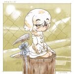  1girl bird_girl bird_tail bird_wings coat commentary_request feathered_wings full_body gloves head_wings kemono_friends looking_at_viewer one_eye_closed owl_girl ribbon shirabaki short_hair sitting snowy_owl_(kemono_friends) solo tail wand white_hair wings yellow_eyes 