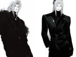  1boy alternate_costume black_coat black_gloves black_hat black_sweater closed_mouth coat commentary cowboy_shot final_fantasy final_fantasy_vii fur-trimmed_coat fur_trim gloves grey_hair hair_up hat hayashishisou highres jewelry long_hair long_sleeves looking_at_viewer multiple_boys multiple_views necklace parted_lips sephiroth simple_background sweater symbol-only_commentary turtleneck turtleneck_sweater white_background 