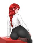  1girl absurdres ass breasts chainsaw_man commentary english_commentary feet formal_clothes fraankyy from_behind highres large_breasts looking_at_viewer makima_(chainsaw_man) orange_eyes pants pantyhose patreon_logo red_hair shirt sidelocks sitting smile soles solo suit tight_clothes tight_pants toes wide_hips 