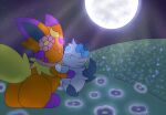 ambiguous_gender anthro belly big_butt bow_ribbon butt collar dim_lighting duo eeveelution espeon espurr eyewear feral flareon flower flower_on_head freckled_belly freckled_butt freckled_ears freckled_face freckles fusion generation_1_pokemon generation_2_pokemon generation_5_pokemon generation_6_pokemon glasses glowing hi_res hill kissing light moon moonlight nanabsylve night nintendo oshawott plant pokemon pokemon_(species) pokemon_fusion semi-anthro size_difference