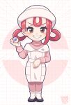  1girl blush breasts brown_eyes chibi chibi_only commentary_request dress hair_rings hat heal_ball highres holding holding_poke_ball joy_(pokemon) kozushi623 long_hair long_sleeves looking_at_viewer nurse nurse_cap open_mouth pantyhose pink_dress pink_hair pink_pantyhose poke_ball pokemon pokemon_legends:_z-a shoes smile socks white_dress white_socks 