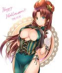  alternate_costume areola_slip areolae black_gloves braid breasts brown_hair cleavage cleavage_cutout corset covered_nipples cowboy_shot dated dress elbow_gloves english gloves green_dress green_eyes green_panties halloween hand_on_own_chest happy_halloween hong_meiling jpeg_artifacts large_breasts long_hair looking_at_viewer moneti_(daifuku) panties panty_straps parted_lips pelvic_curtain pumpkin_hat ribbon short_sleeves side-tie_panties solo star string_panties thighs touhou twin_braids underboob underwear very_long_hair 