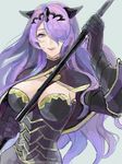  armor black_armor breasts camilla_(fire_emblem_if) cleavage commentary_request fire_emblem fire_emblem_if gloves hair_ornament hair_over_one_eye large_breasts long_hair nasu_(okurairi) open_mouth purple_eyes purple_hair sketch smile solo tiara 