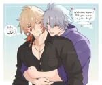  2boys absurdres antenna_hair black_shirt blazingstrife blonde_hair blue_eyes blue_hair border braid buttons closed_mouth collared_shirt commentary english_commentary english_text eye_contact facial_tattoo gradient_hair hair_between_eyes heart highres honkai:_star_rail honkai_(series) hood hood_down hoodie hug hug_from_behind light_smile looking_at_another male_focus multicolored_hair multiple_boys mydei_(honkai:_star_rail) neck_tattoo open_mouth orange_hair outside_border pectoral_cleavage pectorals phainon_(honkai:_star_rail) purple_hoodie red_tattoo shirt short_hair side_braid speech_bubble spoken_animal sun_symbol sun_tattoo tattoo thought_bubble two-tone_hair upper_body white_border yaoi 