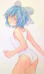  ass blue_eyes bow breasts cirno clenched_hand cowboy_shot from_behind from_side grey_background hair_bow highres leaning_forward looking_at_viewer looking_back one-piece_swimsuit open_mouth short_hair small_breasts solo swimsuit touhou traditional_media watercolor_(medium) white_swimsuit yuyu_(00365676) 