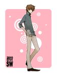  1boy blue_shirt brown_hair circle collared_shirt commentary_request dated floral_print_shirt full_body hair_over_one_eye hand_on_own_hip jinnouchi_wabisuke male_focus none_(sasai_rinko) pants pink_background shirt shoes short_hair solo summer_wars white_background 